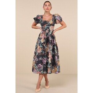 Lulus Adorable Tendencies Dark Grey Floral Puff Sleeve Midi Dress - Size XL